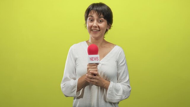 Woman holding a red microphone and gesturing open hand while smiling and shrugging against a studio green screen; playful delivery candid spontaneous.