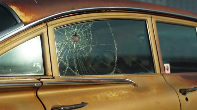Car window shattered by multiple bullet holes on a city