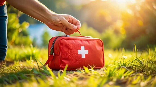Red first aid kit placed on grass in sunlight showing emergency preparedness and outdoor safety concept