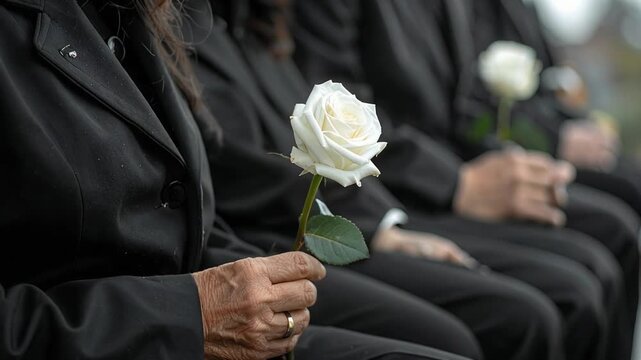 People dressed in black holding white roses during funeral service showing solemn mourning and respect scene