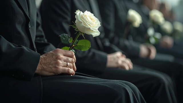 Mourners in black clothing holding white flowers during funeral ceremony showing grief and remembrance atmosphere