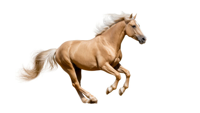 Majestic palomino horse galloping with flowing blonde mane and tail, isolated on transparent background, dynamic equine motion PNG