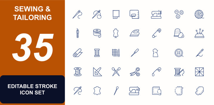 Sewing and Tailoring Icon Set Vector, Craft Tools with Adjustable Line Weight, Fabric, Needle, Thread, Scissors, Buttons, Yarn, Sewing Machine, Zipper, Tape, Fashion, DIY, hobby design elements