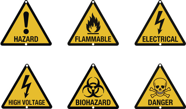 hazard warning signs set, vector triangular safety icons with fire electric high voltage biohazard and danger symbols isolated on transparent background