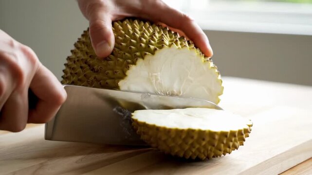 Cutting a durian on a wooden board in a kitchen