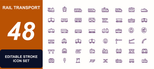 Railroad, rail transport, and train travel icon set with adjustable line weight, featuring subway, monorail, freight, passenger, locomotive, high-speed rail, outline vector symbols © Icons studio