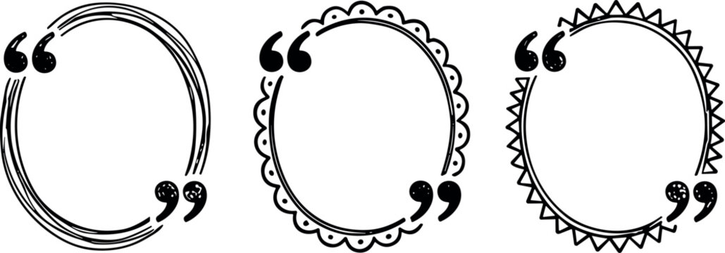 decorative quote circle frames, hand drawn vector round borders with quotation marks for text isolated on transparent background