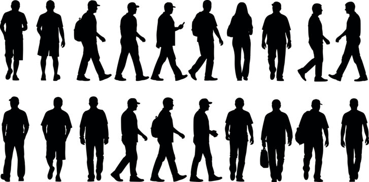 Silhouette vector illustration of diverse people walking in urban environment, showing posture, clothing styles, accessories, pedestrian behavior design