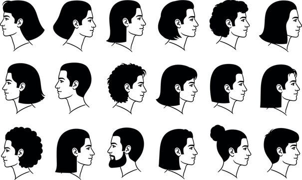 Silhouette icons of diverse hairstyles, side profile views, curly, straight, bun, afro, beard styles, fashion grooming, personal care vector illustration design