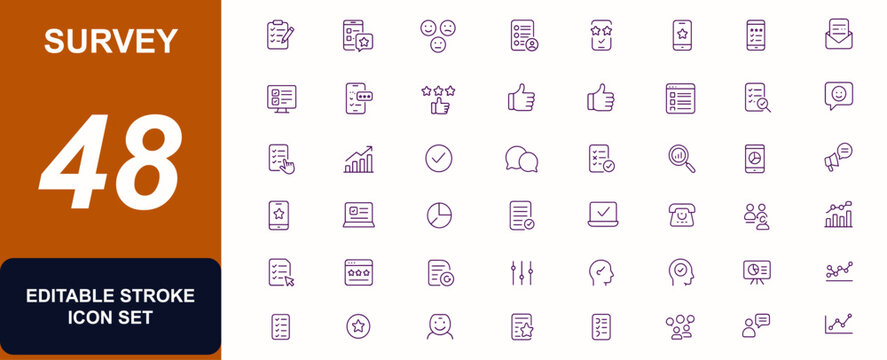 Survey Vector Icon Set, Questionnaire, Feedback, Mobile Review, Mood Tracker, Star Rating, Evaluation, Online Poll, Web Survey, Phone Survey, Mail Form, Analytics, Data Results, Business Research