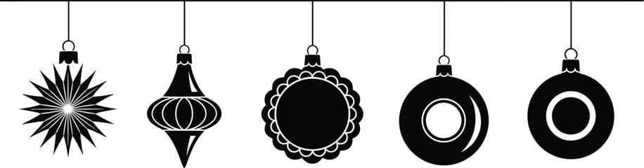 Fototapeta premium Christmas ornaments silhouettes, festive decorations, holiday baubles, star, striped, scalloped, round designs, seasonal decor, black vector illustration