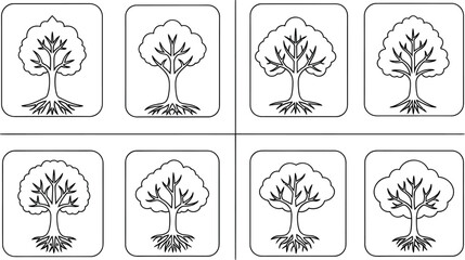 Fototapeta premium Eight black and white line art icons showcasing different styles of mature trees with prominent visible roots inside.