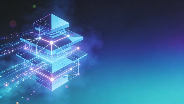 Abstract digital network structure with glowing lines and particles on dark background