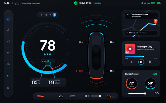 Modern smart car dashboard UI illustration with digital speedometer, navigation map, music player and climate control interface. Futuristic automotive display design ideal for electric vehicles.