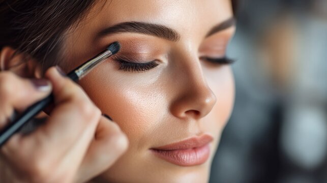 A close-up of a woman getting her makeup done. The focus is on the artist applying eyeshadow with careful attention. This image captures beauty, artistry, and transformation. AI