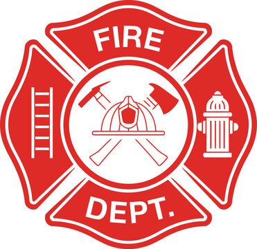 Firefighter maltese cross emblem illustration, fire department symbol in flat style isolated on white background representing emergency service identity.