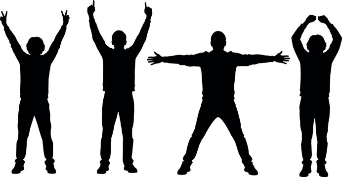 Silhouettes of people forming YMCA dance letters, arms raised in playful poses, iconic music reference vector illustration design
