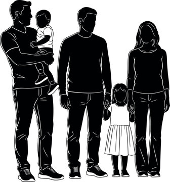 Silhouette vector illustration of family group, parents with children, casual clothing, family unity concept, demographic icons, social relationship graphics
