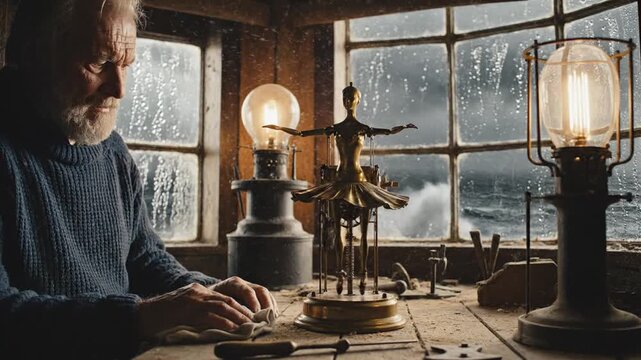 Craftsman polishing intricate mechanical ballerina by stormy window