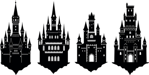Fototapeta premium Silhouette vector illustration of medieval castles, towers, turrets, battlements, fantasy architecture icons, historical fortress graphics, fairytale structures