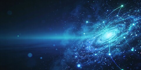 Fototapeta premium Abstract digital network connecting glowing points in a swirling galaxy background