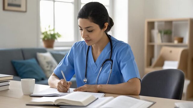 Nurse studying medical notes at desk with stethoscope showing focused healthcare learning and professional development