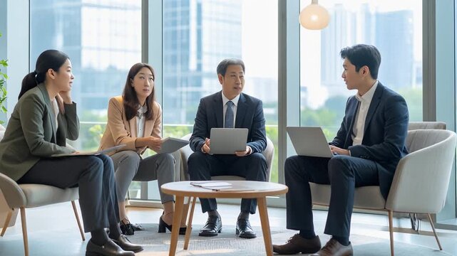 Business team having discussion in modern office lounge area showing collaborative meeting and professional communication