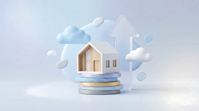 a white house on top of stacked coins with clouds and an arrow in the background