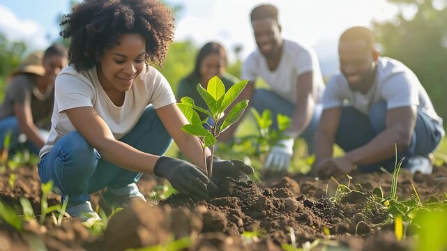 Diverse group of volunteers planting seedlings in soil outdoors showing teamwork and environmental conservation effort
