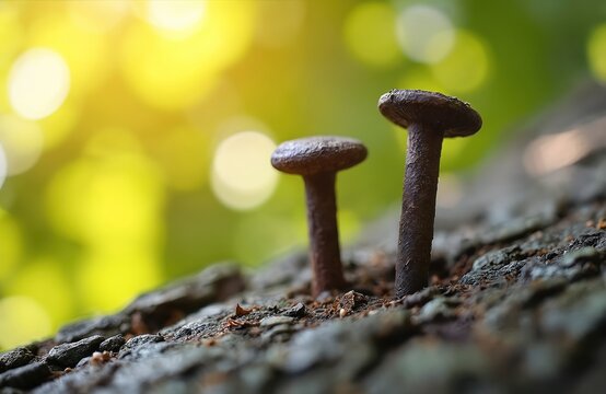 Rusty nails hammered into tree bark. Close up view of aged metal fasteners against blurred green foliage and sunlit bokeh. Natural organic texture.