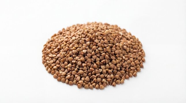 A pile of brown buckwheat grains on a white background