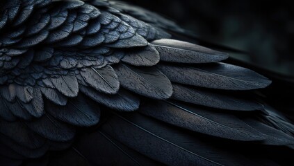 Fototapeta premium Close-up shot of dark, layered feathers with intricate textures and varying shades