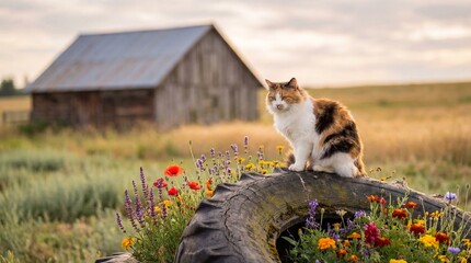 Naklejka premium A calico cat sits on a tire filled with colorful wildflowers in a serene rural landscape with a rustic barn in the background.