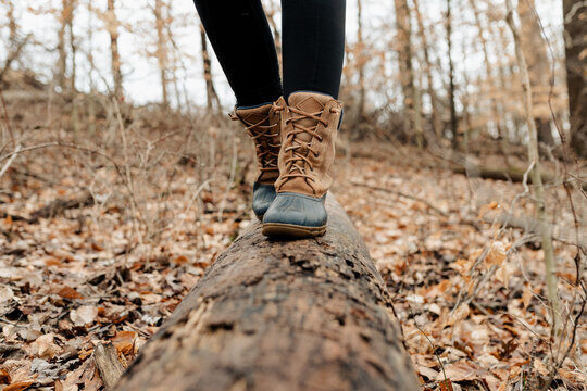 A close up of hiking boots stepping on a log in the wilderness.