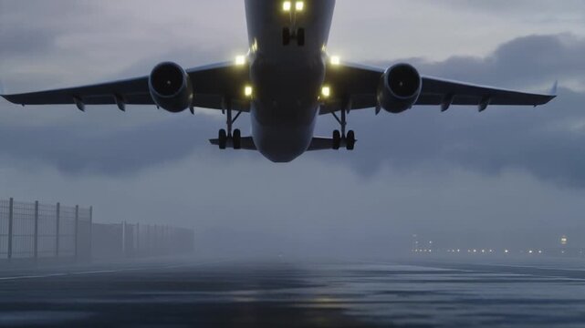 Airplane taking off into a misty sky, seen from below, with landing gear visible