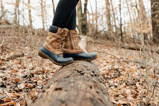 A close up of hiking boots stepping on a log in the wilderness.