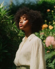 Naklejka premium Young African woman in a soft textured blouse stands in a lush garden surrounded by colorful flowers, sunlight illuminating her features and creating a serene atmosphere