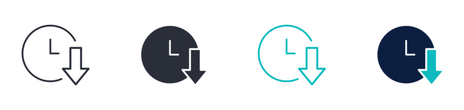 Time down icons, clock with downward arrow symbol, deadline and time decrease icon in line and silhouette style, vector illustration