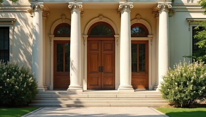 Fototapeta premium Grand building entrance with large wooden doors and white columns. Lush green bushes flank stone stpic. Sunny day brightens classic architectural facade. Educational institution or stately home.