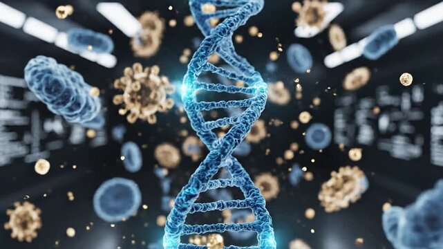 Vibrant DNA Helix Surrounded by Diverse Microbiome Bacteria and Microscopic Biological Elements