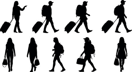 Fototapeta premium Silhouette vector illustration of travelers with luggage, walking and standing, casual travel icons, journey concepts, tourism graphics, airport people