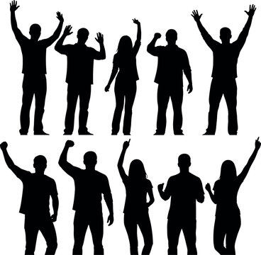 Silhouettes of people raising arms in celebratory poses, expressive gestures, unity, enthusiasm, group activity, male and female figures illustration