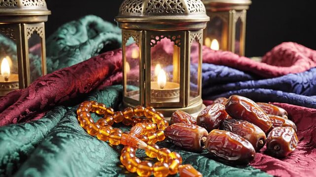 Traditional lanterns, prayer beads, and dates for Ramadan celebration