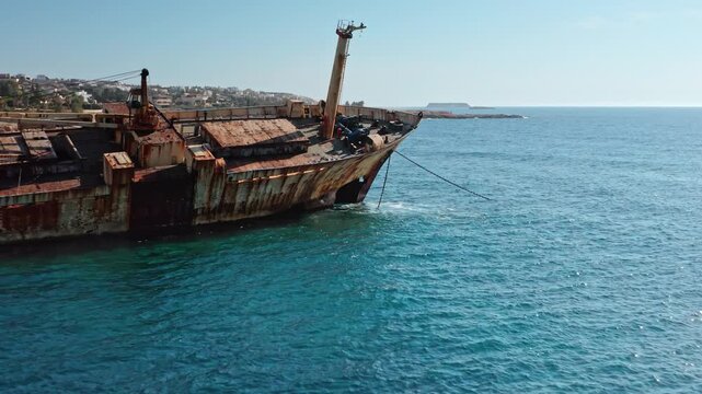 Rusty abandoned cargo ship Edro III shipwreck laying grounded on the rocky coastline of Pegeia, Paphos, with turquoise blue waters of Mediterranean sea surrounding its deteriorating hull. Drone shot