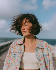 Fototapeta premium Young woman with curly hair wearing a floral jacket and textured crop top stands outdoors by the ocean, with a wooden pier and cloudy sky in the background
