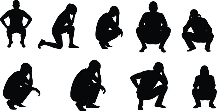 Silhouettes of people squatting and crouching, vector illustration showing human postures, body language, gesture variations for creative and educational use