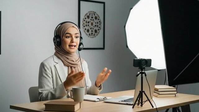 Online scholar shares knowledge from her workspace while speaking clearly and confidently