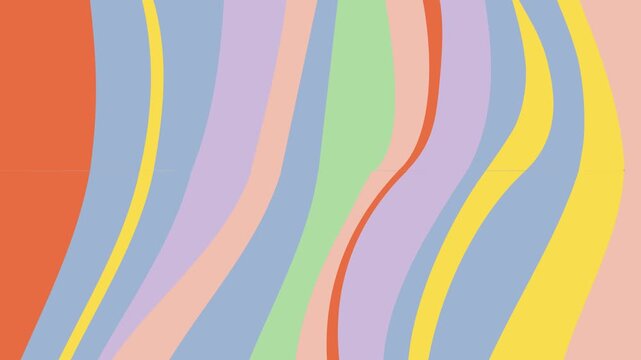 Abstract 70s retro wavy background with vibrant liquid lines. Seamless loop of groovy psychedelic motion graphics in orange, pink, and yellow for vintage-style music videos and creative backdrops.
