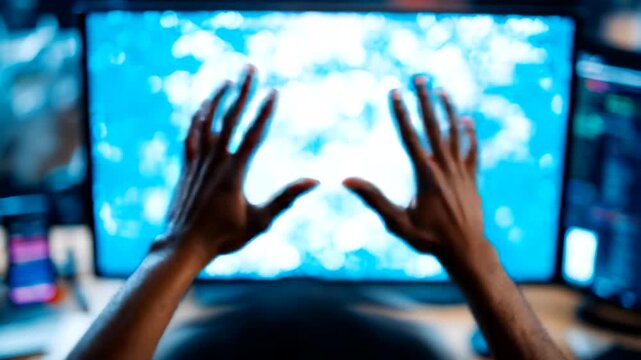 Person interacting with a digital display in a tech setting