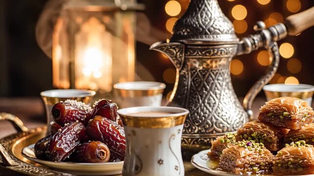 Traditional Arabic coffee, dates, and baklava on festive tray